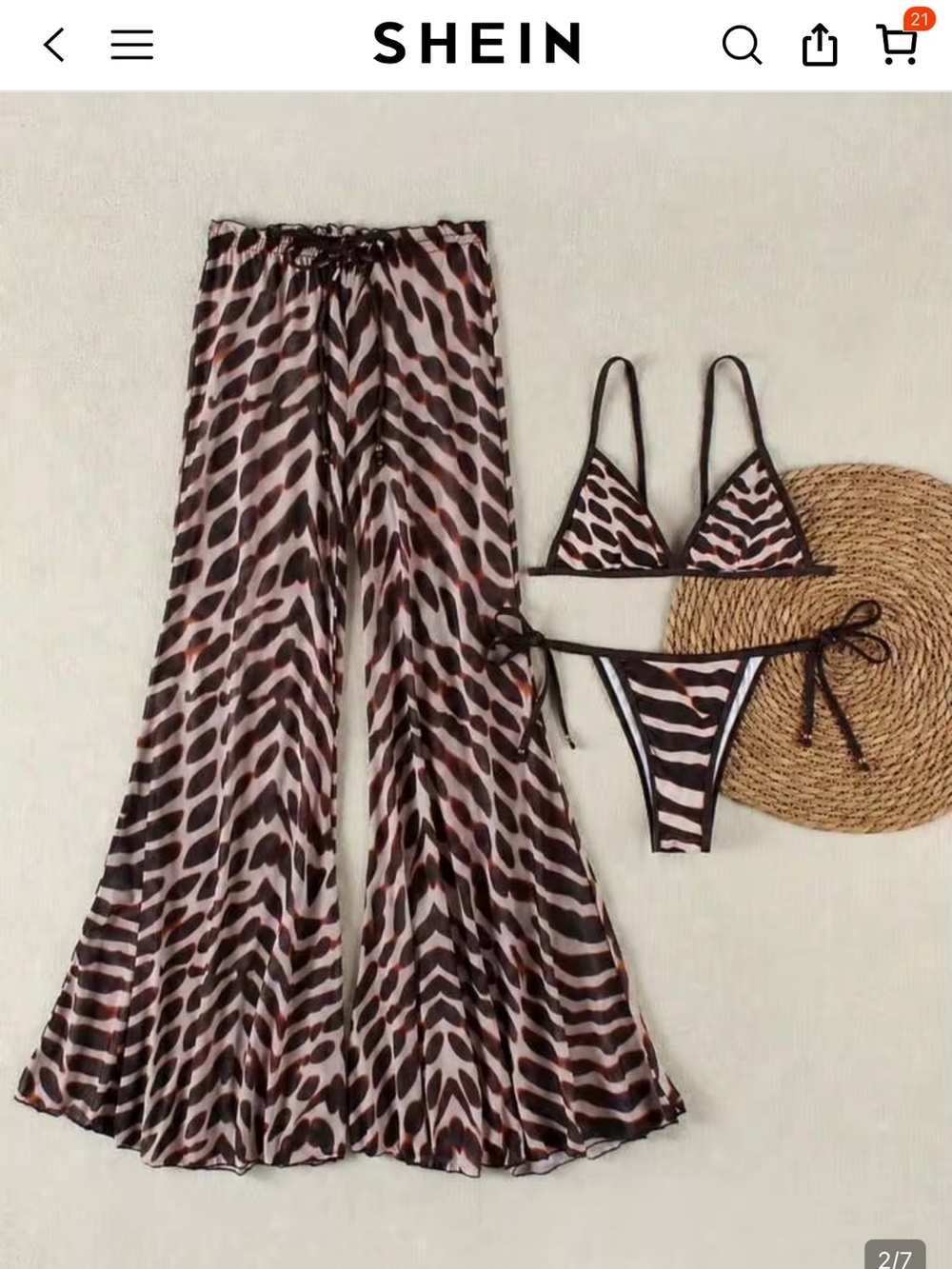 SHEIN Pink and Brown Animal Print Bikini Set with Wide-Leg Cover Pants